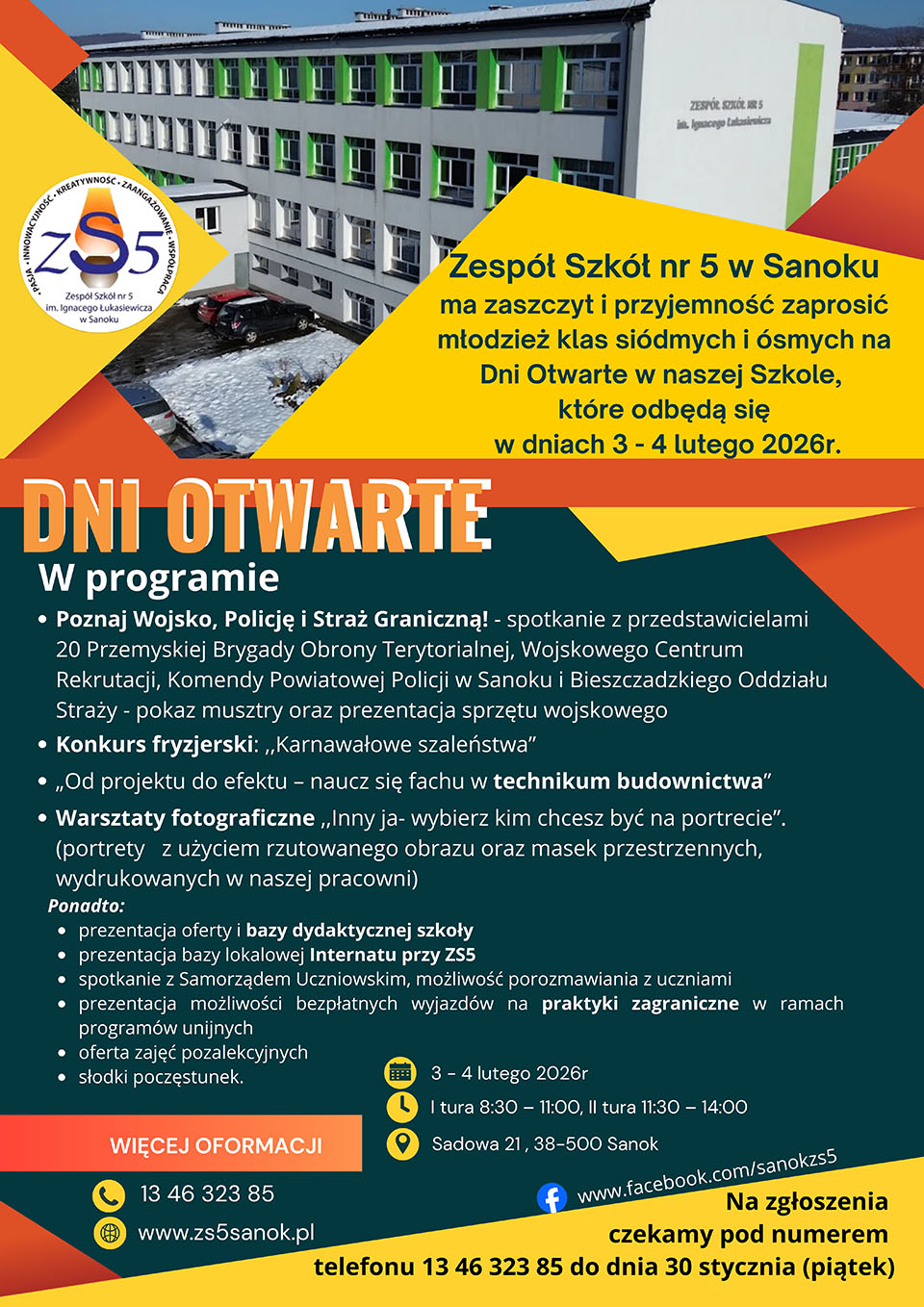 Platak z informacjami na temat dni otwartych w Zespole Szkół nr 5 im. Ignacego Łukasiewicza w Sanoku