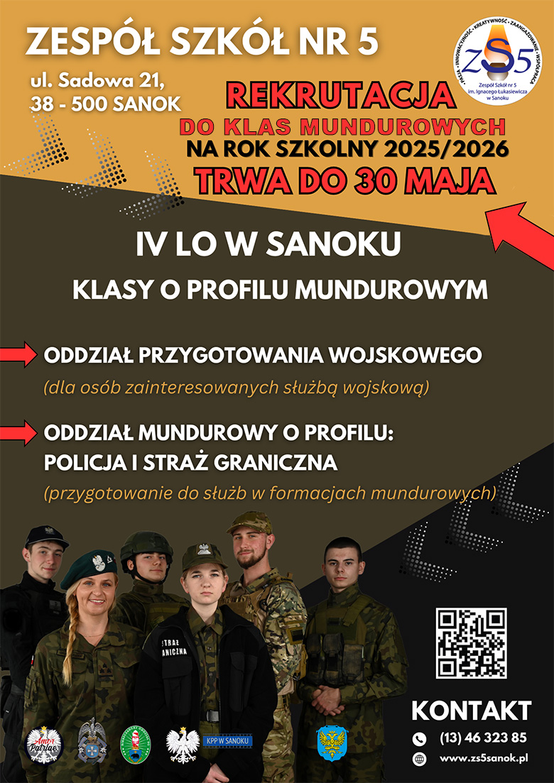 Plakat zawierający informacje o rekrutacji do IV LO mundurowego w Sanoku